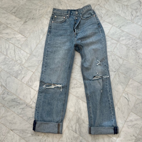 Aritzia Denim - ARITZIA Denim Forum - Joni high waisted boyfriend distressed button fly jeans 24